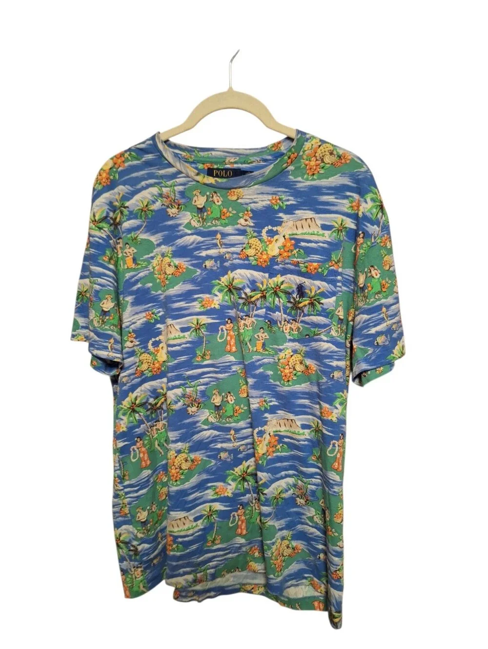 POLO Ralph Lauren Mens Medium Hawaiian Shirt Tropical Print Short Sleeve Cotton